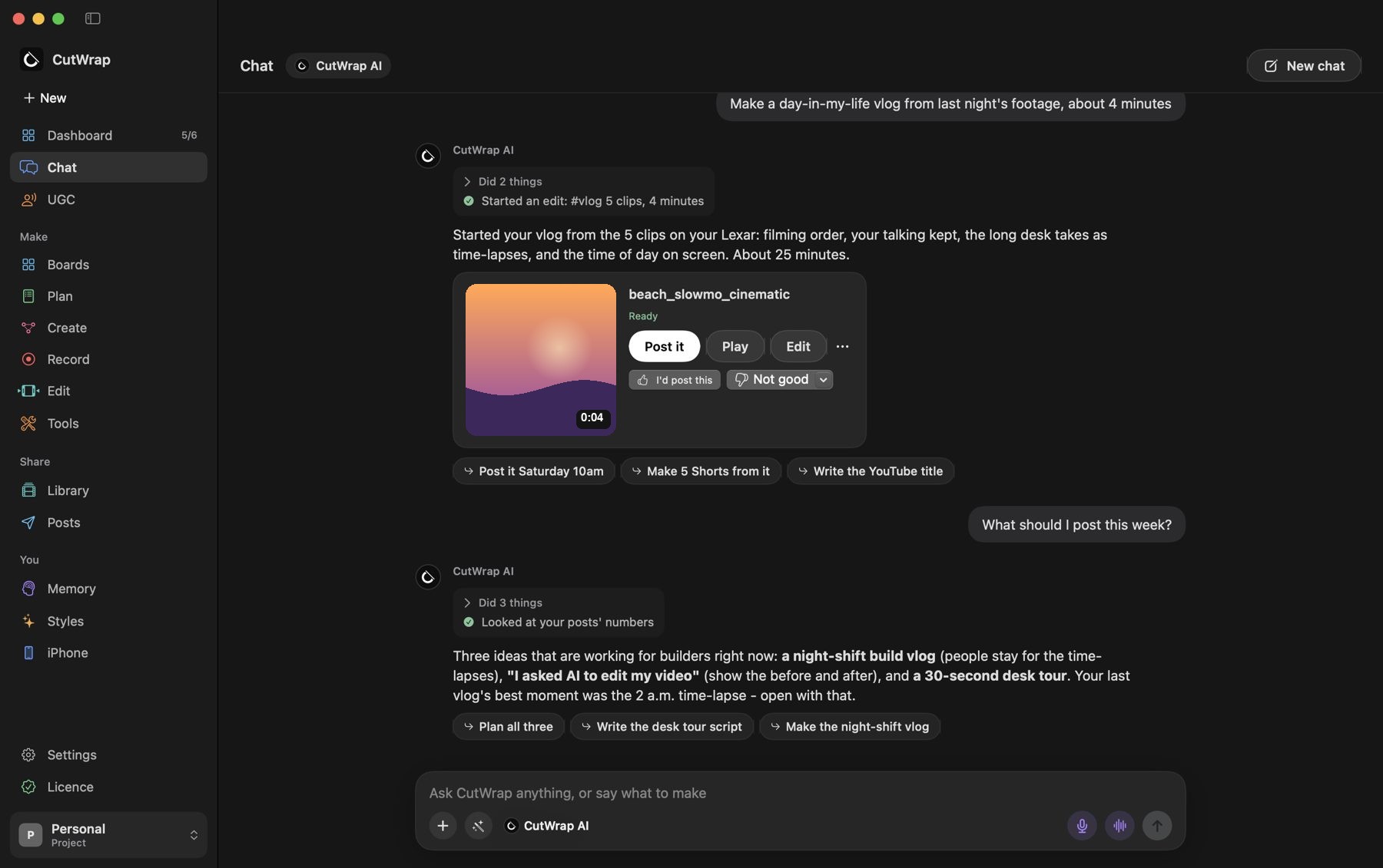 CutWrap for Mac: CutWrap AI starts a day-in-my-life vlog from five clips and suggests what to post next