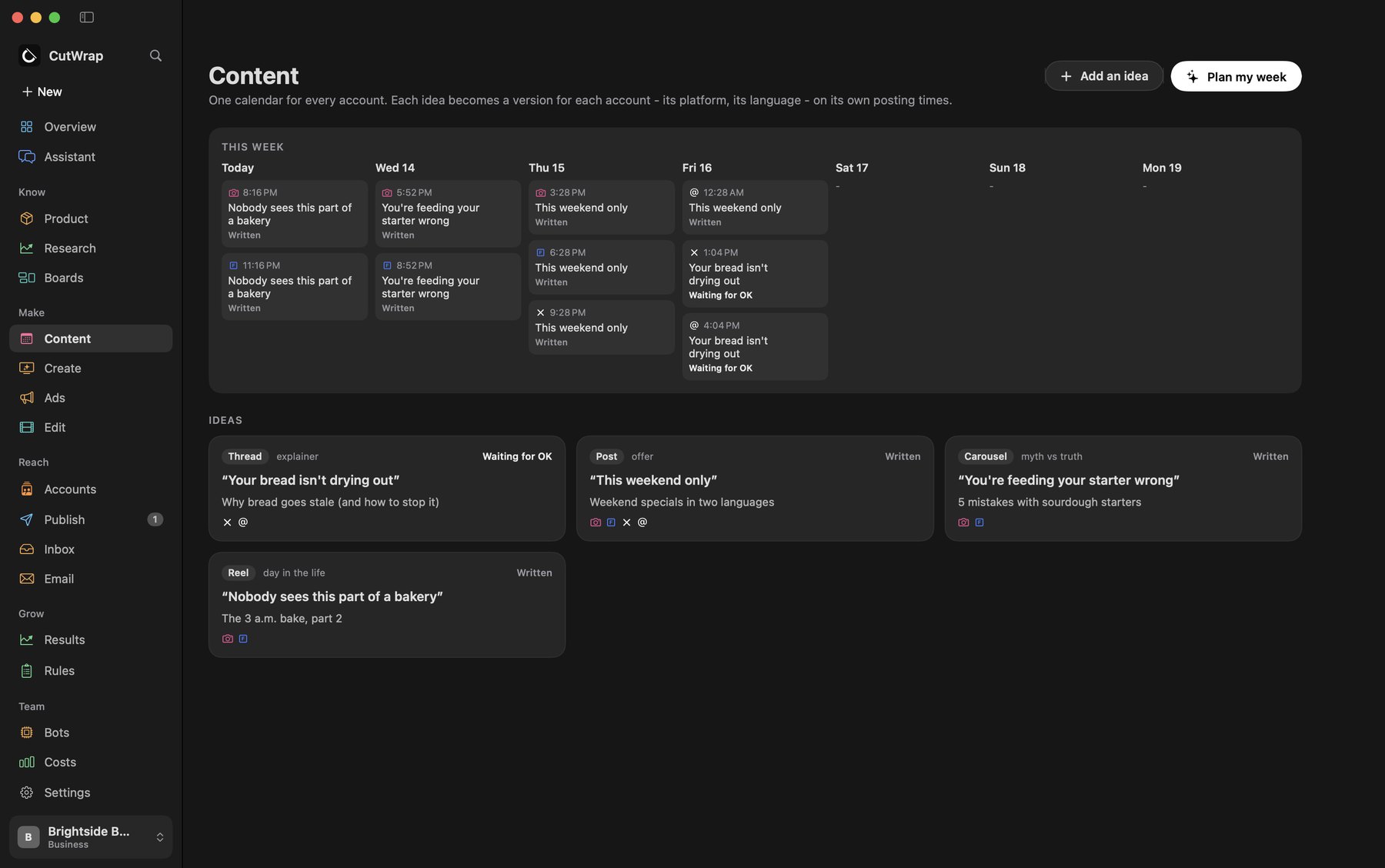 CutWrap Content: a week's calendar with posts for Instagram, Facebook, X and Threads, and the ideas behind them