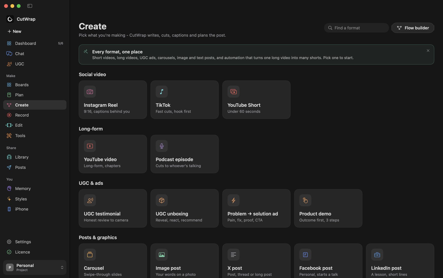 CutWrap Create: Instagram Reel, TikTok, YouTube Short, YouTube video, podcast, UGC formats and posts