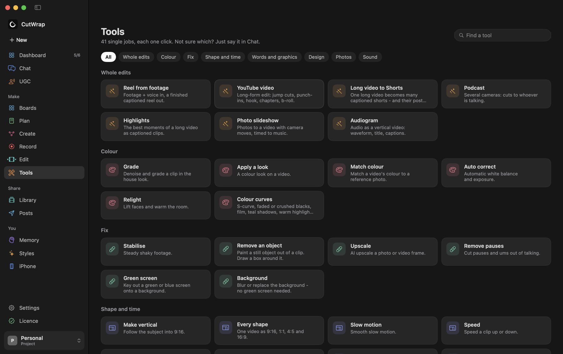 CutWrap Tools: whole edits, colour, fix, shape and time